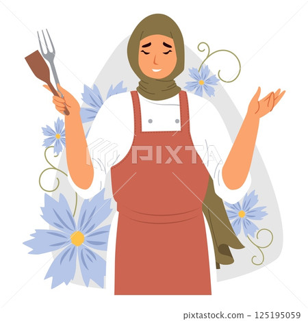 A culinary expert wearing a hijab smiles and holds a fork in one hand while gesturing with the other. Vibrant flowers add a lively touch to the kitchen space 125195059