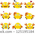 A colorful cartoon crab displaying a variety of facial expressions, including happy, sad, angry, and sleepy. 125195184