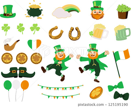 Patrick's Day Leprechaun with Green Hat, Shamrock, Gold Coins, and Irish Beer Cartoon Illustration 125195190