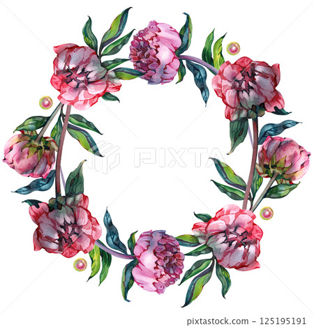 Watercolor garden floral wreath. Hand drawn vintage collage frame with peony flowers. Frame design 125195191