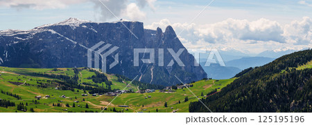Majestic mountain landscape view of verdant valleys and snow capped peaks in early spring near Valley of Funes at Dolomites, Italy Majestic mountain landscape view of verdant valleys and snow capped peaks in early spring near Valley of Funes at Dolomites, Italy 125195196