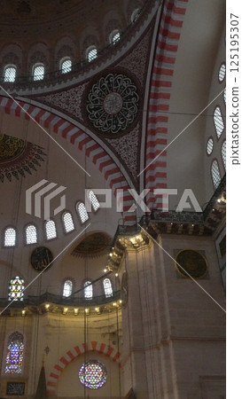 Mosque Istanbul Dome Interior: Architectural details, Ottoman era, religious worship. Mosque Istanbul Dome Interior: Architectural details, Ottoman era, religious worship. 125195307