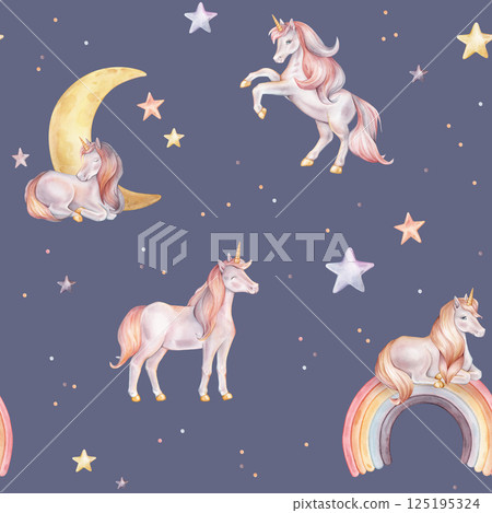 Seamless watercolor pattern with Unicorn and multicolored stars. Hand drawn Illustrations of background for nursery wallpaper, baby textiles or children paper. Pastel colors pony with rainbow and moon 125195324