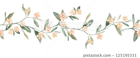 Sweet coral color flowers and green leaves watercolor seamless border on white background. Soft pastel colors water color for beauty products or other. Hand drawn illustration on isolated background. Sweet coral color flowers and green leaves watercolor seamless border on white background. Soft pastel colors water color for beauty products or other. Hand drawn illustration on isolated background. 125195331