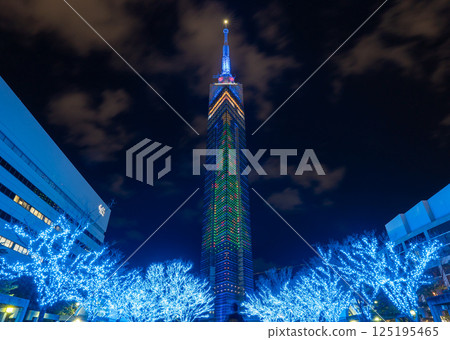 Fukuoka Tower illuminated at night Fukuoka Tower illuminated at night 125195465