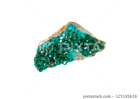 Dioptase silicate copper mineral stone on a white background Dioptase silicate copper mineral stone on a white background 125195619
