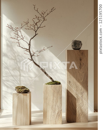 Zen botanical indoor display with wooden pedestal Zen botanical indoor display with wooden pedestal 125195700