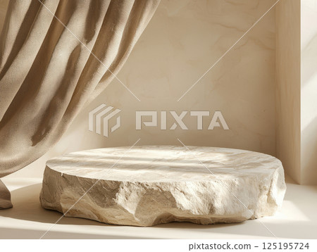 Natural stone podium with beige curtain and soft shadows 125195724
