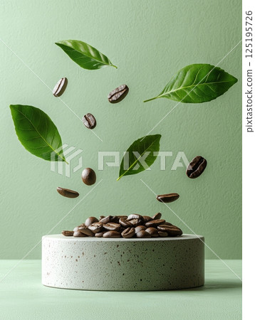 Coffee beans and green leaves on terrazzo podium 125195726