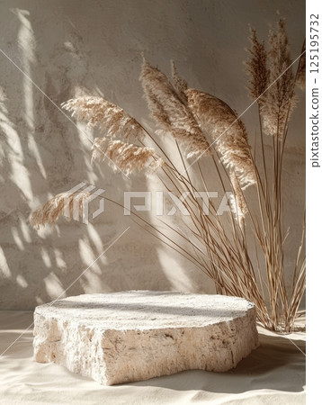 Stone podium in warm sandy interior 125195732