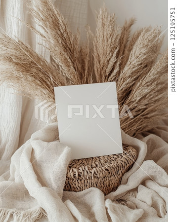 Blank card on wicker tray with dry grass 125195751