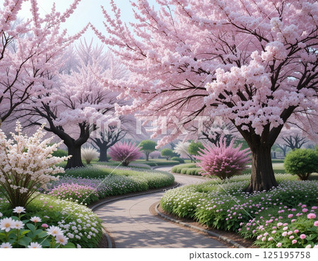Scenic cherry blossom park in full bloom. 125195758