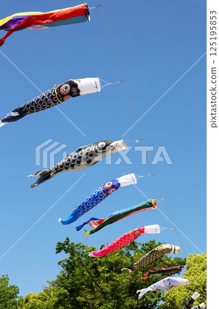 一條鯉魚旗在湛藍的天空和風中搖曳 一條鯉魚旗在湛藍的天空和風中搖曳 125195853