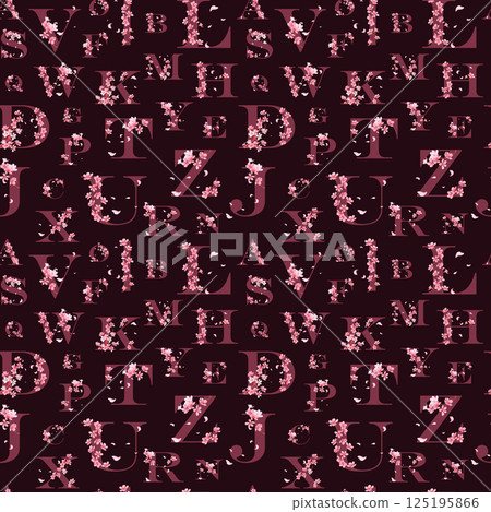 Seamless pattern of cherry blossom letters decorated with sakura flowers. Alphabet in the form of an endless pattern. 125195866