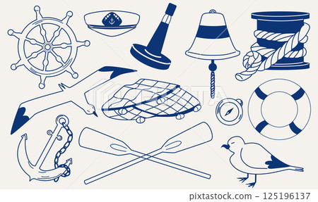 Nautical vintage icons set. Vector hand drawn monochrome illustration of beacon, anchor, fishing net, sea animals. Marine design elements Nautical vintage icons set. Vector hand drawn monochrome illustration of beacon, anchor, fishing net, sea animals. Marine design elements 125196137