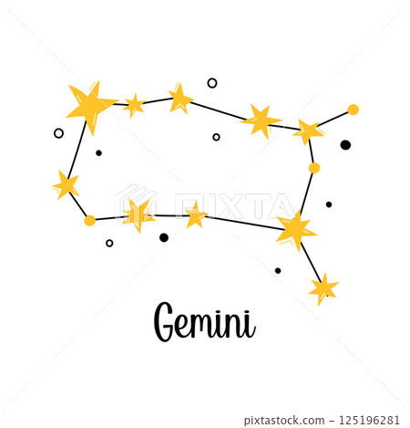 Gemini Zodiac constellation. Vector isolated astrological sign, symbol, element. Constellation scheme with cute stars and doodles. Simple design of clipart illustrations 125196281