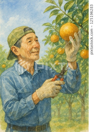 A man harvesting summer mandarins A man harvesting summer mandarins 125196283