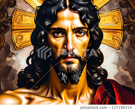 A powerful representation of Jesus Christ captures his intense gaze and expressive features surrounded by a luminous golden halo. The artwork evokes a sense of serenity and divinity Generative AI 125196314