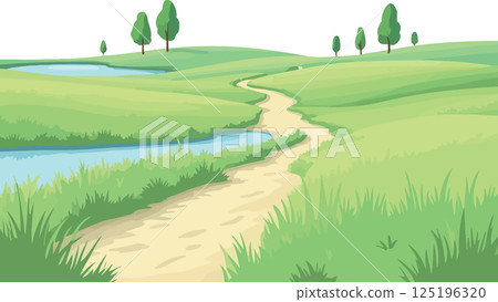 Vsai winding path through green meadow with river and trees Vsai winding path through green meadow with river and trees 125196320