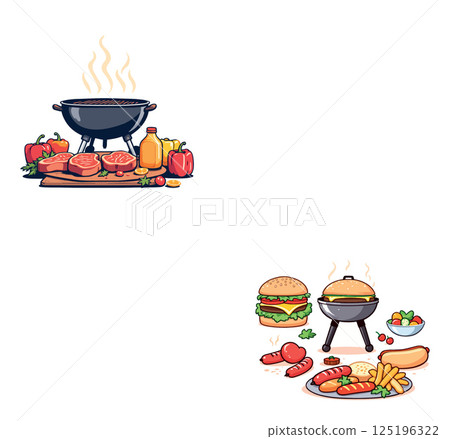 Vsai grilling steaks and burgers with vegetables and condiments for summer barbecue Vsai grilling steaks and burgers with vegetables and condiments for summer barbecue 125196322