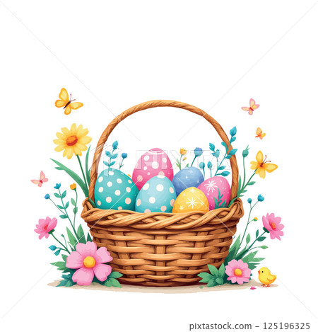 Vsai wicker basket brimming with colorful easter eggs and spring flowers Vsai wicker basket brimming with colorful easter eggs and spring flowers 125196325