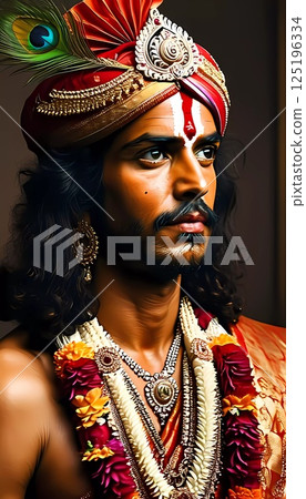 Richly adorned, Lord Krishna captivates onlookers with his serene grace and radiant attire, reflecting profound love and wisdom during a spiritual celebration Generative AI 125196334