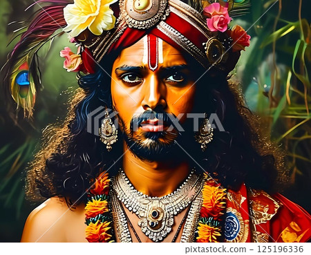 Lord Krishna, adorned with vibrant flowers and intricate jewelry, stands gracefully surrounded by lush greenery, embodying love, compassion, and wisdom during a sacred celebration Generative AI 125196336