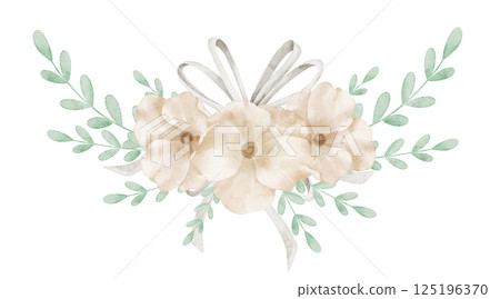 Beige Floral composition in watercolor with foliage in pastel colors. Illustration of Flowers and leaves for wedding invitations or Baby shower invitations. Botanical drawing for childish stationary. 125196370