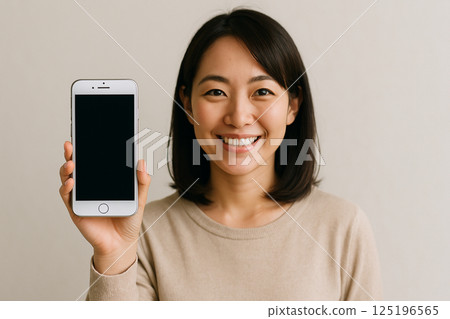 一位微笑的女人展示她的智慧型手機螢幕：應用程式介紹圖片 125196565