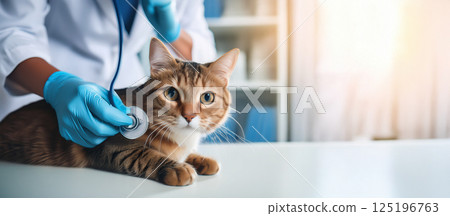 動物醫院的獸醫用聽診器給可愛的貓聽診 動物醫院的獸醫用聽診器給可愛的貓聽診 125196763