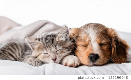 小狗和貓一起睡覺 125196948