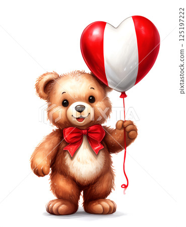 Cute teddy bear holding a heart-shaped balloon with the flag of Peru. White background. 125197222
