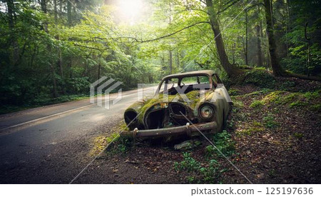 Abandoned and decaying car on the side of the road 125197636