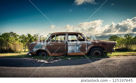 Abandoned and decaying car on the side of the road 125197645