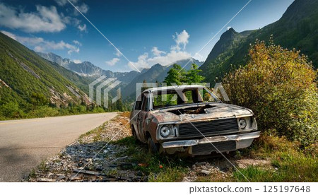 Abandoned and decaying car on the side of the road 125197648
