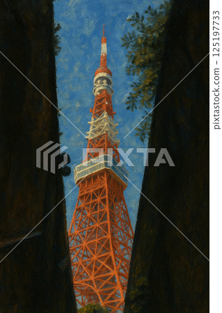 Illustration of Tokyo Tower peeking through a gap in the city 125197733