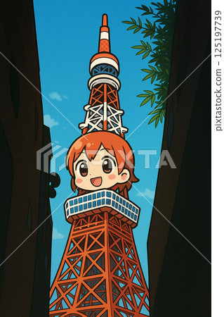 Illustration of Tokyo Tower peeking through a gap in the city 125197739