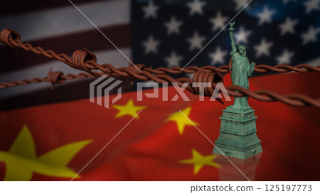 The Statue of Liberty on China and America flag Background 3d Rendering. 125197773