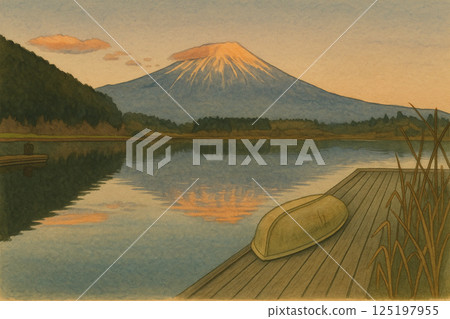 富士山和湖泊的靜謐風景插圖 125197955