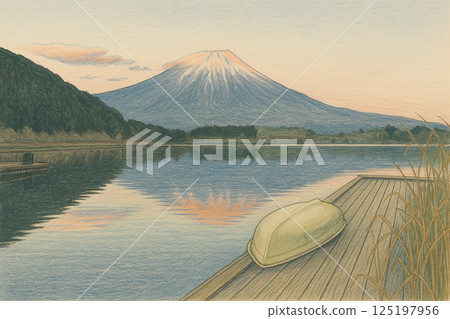 富士山和湖泊的靜謐風景插圖 富士山和湖泊的靜謐風景插圖 125197956