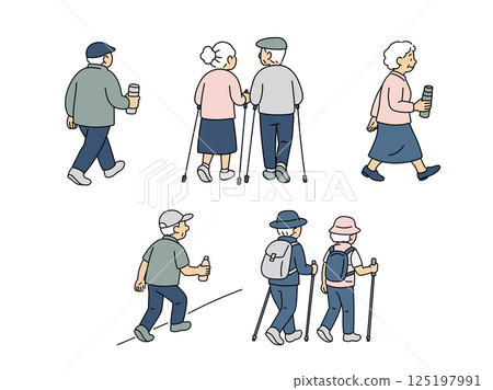 一位老年人運動的背面和側面圖 125197991