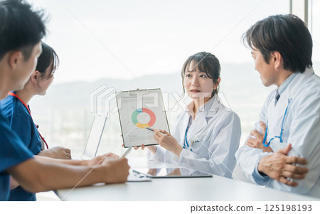 A woman in a white coat explaining while showing graphs of materials (product development, meetings, research and development) 125198193