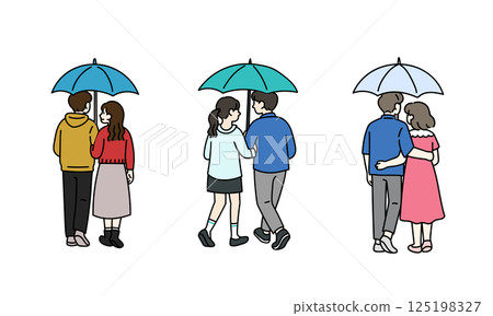 Back view of a casual couple standing close together under an umbrella 125198327