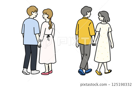 Back view of a casual couple holding hands in summer 125198332