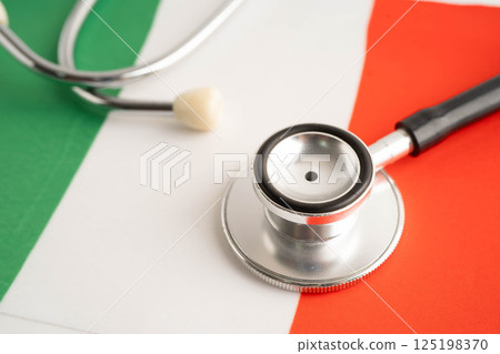 Italy flag with black stethoscope, Business and finance concept. Italy flag with black stethoscope, Business and finance concept. 125198370