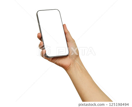 Asian woman holding smartphone in hand with blank screen isolated on white background with clipping path. 125198494