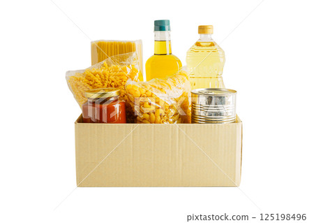 Foodstuffs in donation box isolated on white with clipping path. 125198496