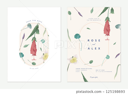Vintage floral wedding invitation card template design, red sleeping hibiscus flowers and various plants on bright brown 125198693