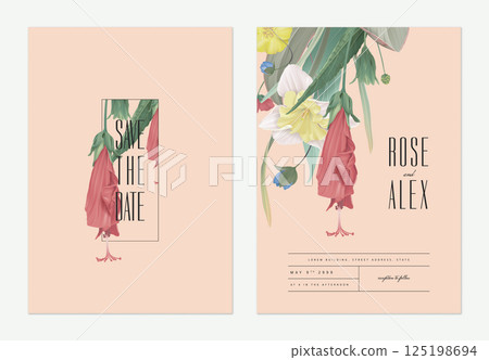 Floral wedding invitation card template design, red sleeping hibiscus flowers and various plants on bright orange 125198694