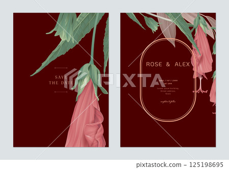 Floral wedding invitation card template design, red sleeping hibiscus flowers with leaves on dark red 125198695